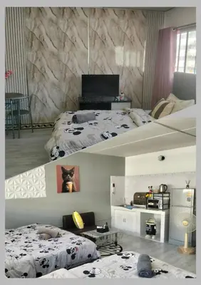 two images of a bedroom with two beds at IMPACT popular condo c5 แม่ตังค์ in Ban Bang Phang