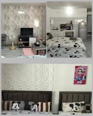 two pictures of a bedroom with a bed and a kitchen at IMPACT popular condo c5 แม่ตังค์ in Ban Bang Phang