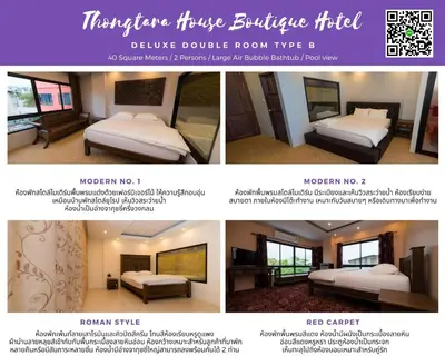a collage of three pictures of a bedroom at Thongtara House Boutique Srinakarin in Bangkok