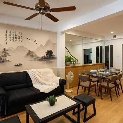 a living room with a couch and a dining room at Bangkok Japanese designed 3BR Home Ekkamai BTS in Bangkok