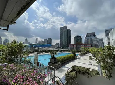 a swimming pool with a city skyline in the background at Trinity City View 3BR Spacious Family Silom in Bangkok