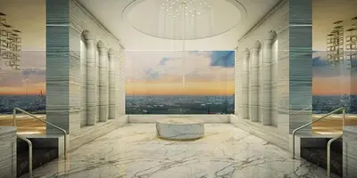 a large room with a view of a city at 1 Bedroom at Q Chidlom in Bangkok
