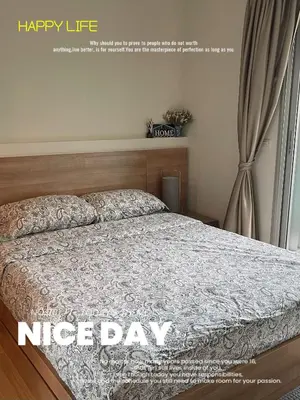 a bedroom with a bed with a happy life message at \u8f89\u714c\u8c61\u795e\u5e99\u5168\u914d\u5957\u8bbe\u65bd\u9ad8\u7aef\u516c\u5bd3 \u5b89\u9759\u4e0d\u4e34\u8857 \u8fd1\u5730\u94c1\u591c\u5e02 in Bangkok