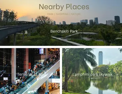 a collage of photos of the park and the city at King suite with kitchen-Short walk to Park,BTS,Mall in Khlong Toei