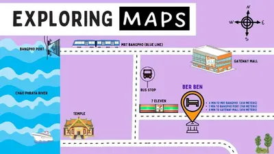 a map of exploring maps with a building and a balloon at Ber Ben House in Bang Su