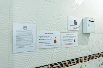 a wall with signs hanging on a wall at xxThe Hidden Giant Swing เดอะ ฮิดเด้น เสาชิงช้า in Bangkok