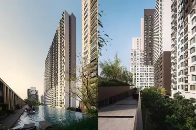 two images of a city with buildings and a pool at Skyline View 1 Bedroom Near RCA, Thonglor And Nana in Bangkok