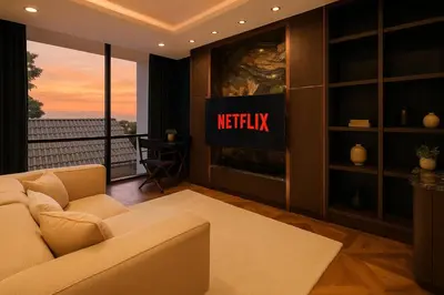 a living room with a couch and a television at Modern Luxury Poolhaus with Lift in Khlong Toei