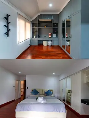 two pictures of a bedroom with a bed in a room at Thonglor 25 Noble House in Bangkok