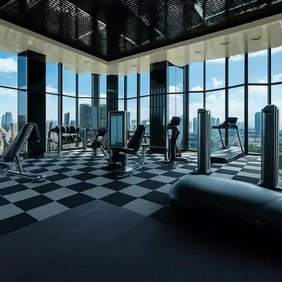 a gym with a checkered floor and glass windows at BTS Thong Lor Top Floor City View in Bangkok