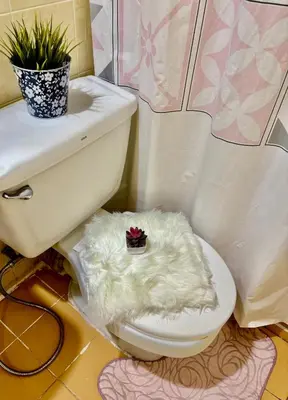 a bathroom with a toilet with a furry rug on the floor at Ally home 12 23 in Thung Si Kan