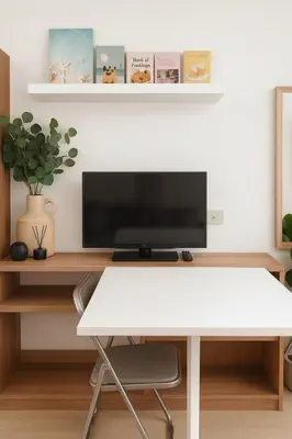 a desk with a tv and a white table at Elio Sukhumvit 64 BTS Punnawithi in Amphoe Phra Khanong