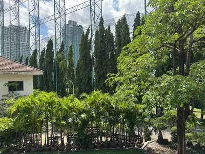 a garden with trees and buildings in the background at HOLY SHEET Hostel in Bangkok