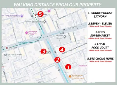 a map of the walking distance from our property at 2 Bedrooms for 4 Guests with Kitchen at Heart of Sathorn in Bangkok