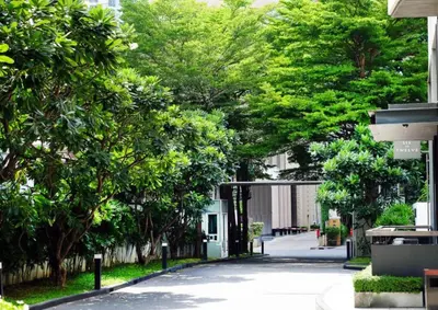 a street with trees and a building at Prime Classic 1 BR BTS Chidlom 72SQM Langsuan in Bangkok