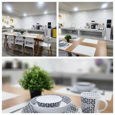 a collage of three pictures of a kitchen at CozyTwin Bed วิวระเบียง เจริญนคร in Bangkok