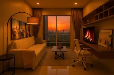 a living room with a couch and a table at Cozy High-Rise Escape in the heart of Bangkok! in Bangkok