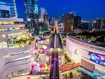 a view of a city at night with lights at Prime 1BR in Sukhumvit 11 CentralStylishModern in Makkasan