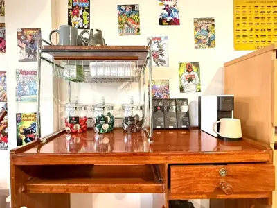 a desk in a room with a counter top with at Super BIG Mid Century Home near River & IconSiam in Khlong San