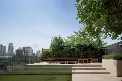 two benches in a park with a view of the city at 2BR2BA BTS Thonglor Rooftop Pool Gym BBQ Low in Bangkok