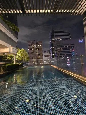 a rooftop pool with a city skyline at night at MahaNakhon Silom Sathon in the heart of Bangkok in Bangkok