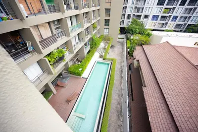 an overhead view of a swimming pool in a building at Beautiful 1 bed with huge Lumpini park view in Bangkok