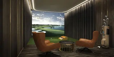 a room with a view of a golf course through a window at Brand New CONDO near Siam Paragon in Pratunam