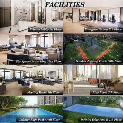 a collage of photos of a living room with a pool at A3508 Monthly Condo Skytrain Minutes away Full Kitchen and Bath! in Bangkok