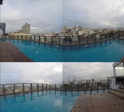 a collage of two pictures of a pool on a building at Pano Ratchada 19 BKK MRT in Bangkok