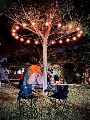 a tent and two chairs under a tree with lights at Chan Klong No8 Homestay - บ้านชานคลองหมายเลข8 in Sathani Wat Sing