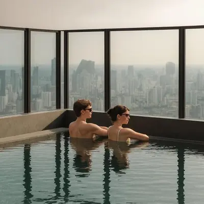 a man and a woman sitting in a swimming pool at High-Ceiling Loft Suite Rama 9 Design Apartment in Bangkok
