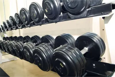 a row of dumbbells on a rack in a gym at Olive Hotel & Residence Bangkok Sukhumvit 101 near True Digital Park in Bangkok