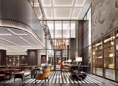 a rendering of a hotel lobby with tables and chairs at Fairmont Bangkok Sukhumvit in Bangkok