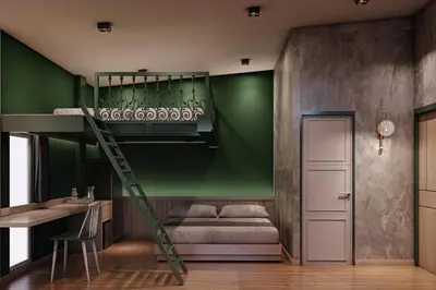a bedroom with a bunk bed and a green wall at Narawad Boutique Hotel in Bangkok