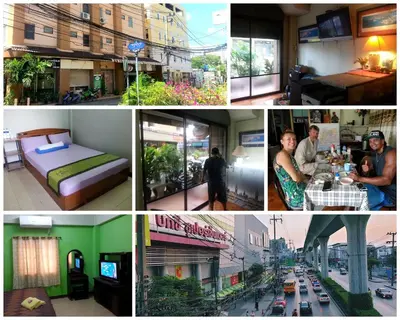 a collage of photos of a hotel room and a city at Roong-Arun Apartment in Bangkok