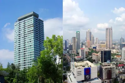 two photographs of a city skyline with a tall building at Sky Villas Apartments in Bangkok