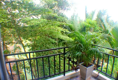 a plant in a pot on a balcony with trees at Baan Glangsuan Bang Kobua in Bang Chak
