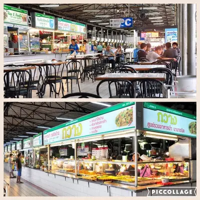 two pictures of a food court with people sitting at tables at อิมแพ็ค เมืองทองธานี ห้องเช่ารายวัน เมืองทอง popular condo C5 in Ban Bang Phang
