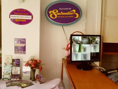 a room with a computer on a desk with a sign at Sawasdee Sukhumvit Inn in Bangkok
