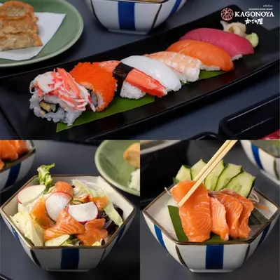 a group of four pictures of sushi on plates at BoonRumpa Accommodation in Bangkok