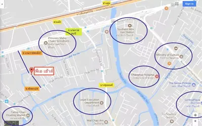 a map of a city with circled attractions at PA House Apartment in Bangkok