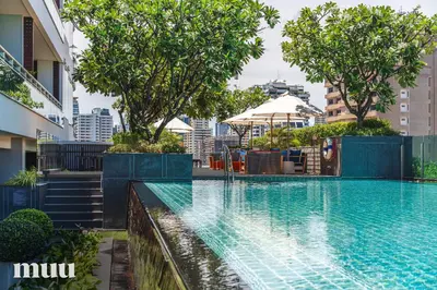 a swimming pool with a city in the background at MUU Bangkok, Small Luxury Hotels of the World in Bangkok