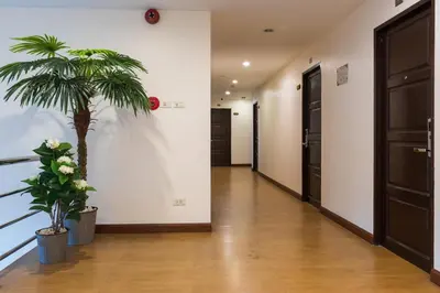 a hallway with a palm tree in a building at 24@Home Hotel in Nonthaburi