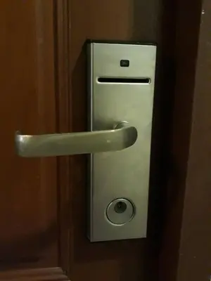 a door with a metal handle on a wooden door at New Siam III Guest House in Bangkok