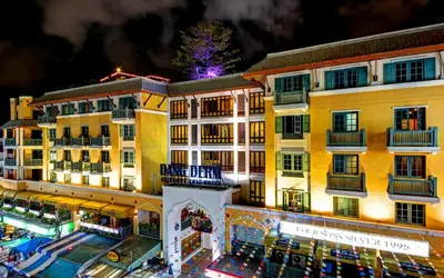 an aerial view of a hotel at night at Dang Derm Khaosan in Bangkok