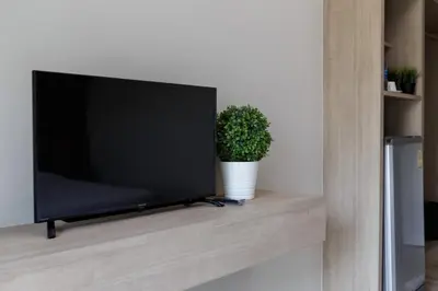 a flat screen tv sitting on a wooden shelf with a plant at @S115 Residence in Samutprakarn