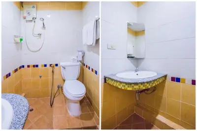 two pictures of a bathroom with a toilet and a sink at Atlas Bangkok Hotel in Bangkok