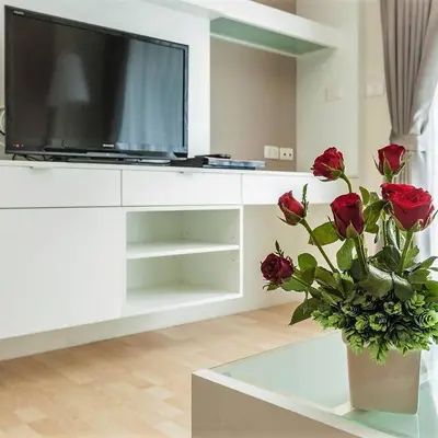 a living room with a tv and a vase with roses at The Cube Residence Government Complex Laksi in Lak Si
