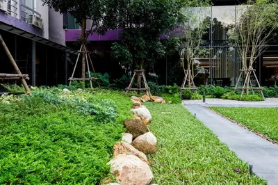 a garden with rocks in the grass next to a building at TK Palace Hotel & Convention Bangkok in Bangkok