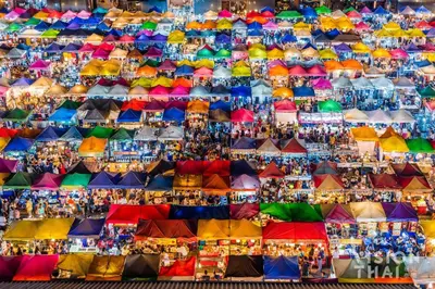 a display of colorful tents at a christmas market at Matini Ratchada 32 in Bangkok